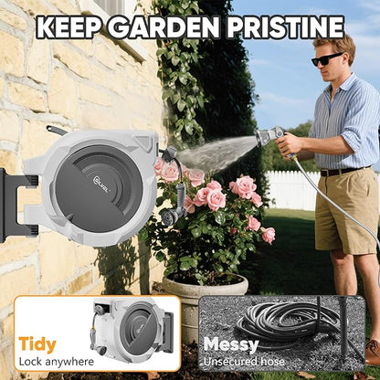 SILVEL Retractable Garden Hose Reel – 1/2 in x 150FT Heavy Duty Automatic Hose Reel Wall Mounted, Upgraded UV Resistant with 10 Pattern Nozzle, Any Length Lock & Slow Return System, 180°Swivel Bracket