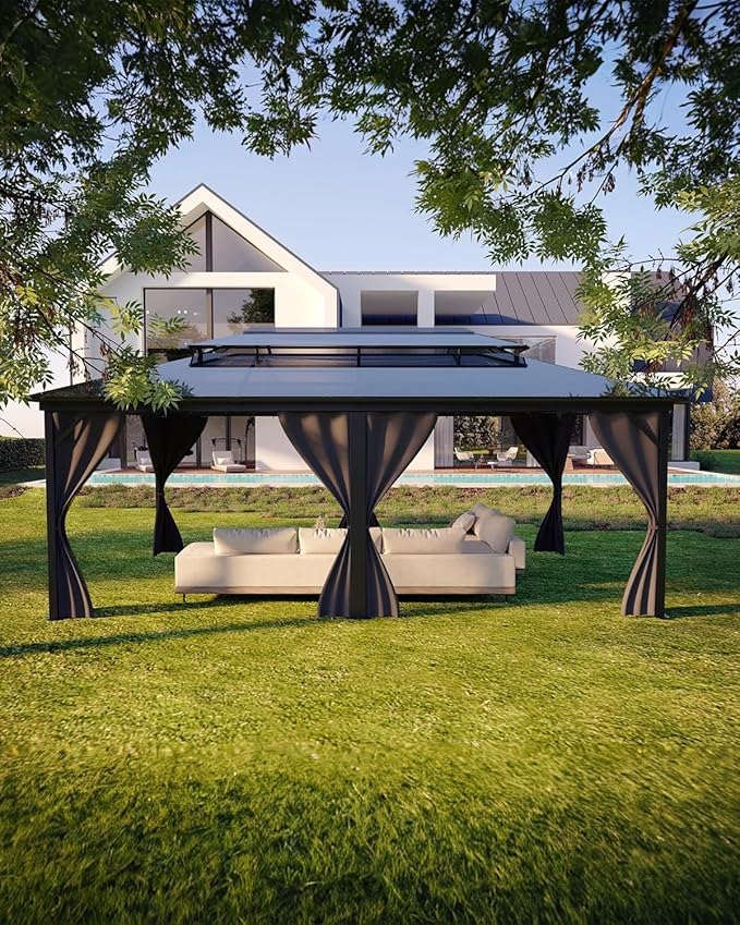 GAOMON Hardtop Gazebo 12'x20', with Double Polycarbonate Roof, Aluminum Alloy Frame, Net, and Curtain, Permanent Building of Backyard Luxury, for Patio, Deck, Backyard, Lawn, and Garden, Gray