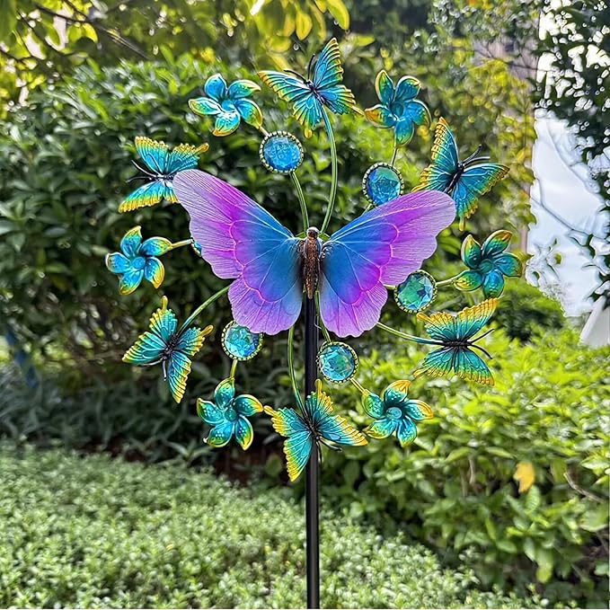 46" Butterfly Solar Outdoor Windmill Wind Spinners for Yard and Garden, Sapphire Kinetic Wind Spinner Outdoor Decor, Wind Sculpture Yard Art for Patio, Lawn & Garden