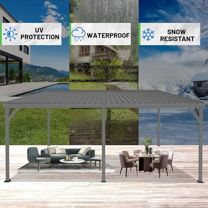 12x20FT Lean to Gazebo, Outdoor Hardtop Wall Mount Gazebo with Gutter & Sloping Galvanized Steel Roof, Metal Hard Top Awnings for Deck, Porch, Backyard