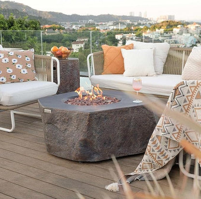 Elementi | Bundle Columbia Gas Fire Pit Cast Concrete Semi-Round Fire Table, Outdoor Fire Pit Electronic Ignition | Canvas Cover, Lava Rock Included | Natural Gas