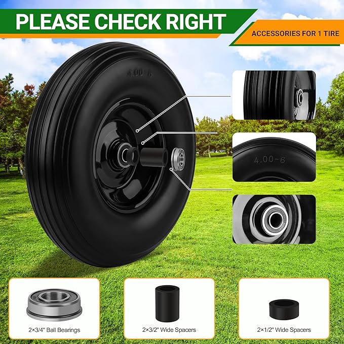 Upgrade 13Inch Wheelbarrow Tires 4.00-6 Flat Free Tire And Wheel with 5/8" & 3/4" Bearings, 1.77"-5.75" Center Hub for Wheelbarrows Garden Wagon Cart Wheel Replacement by NISHCON, 2Pack