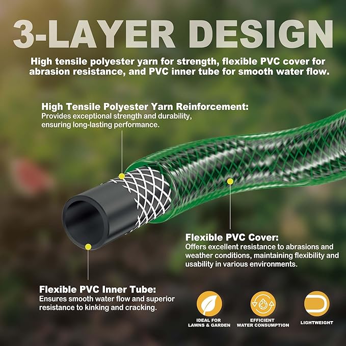 Garden Hose Durable for Patio Cleaner: Heavy Duty 15 FT 1/2 Inch PVC Hose with GHT Fittings for High-Pressure Watering Tasks