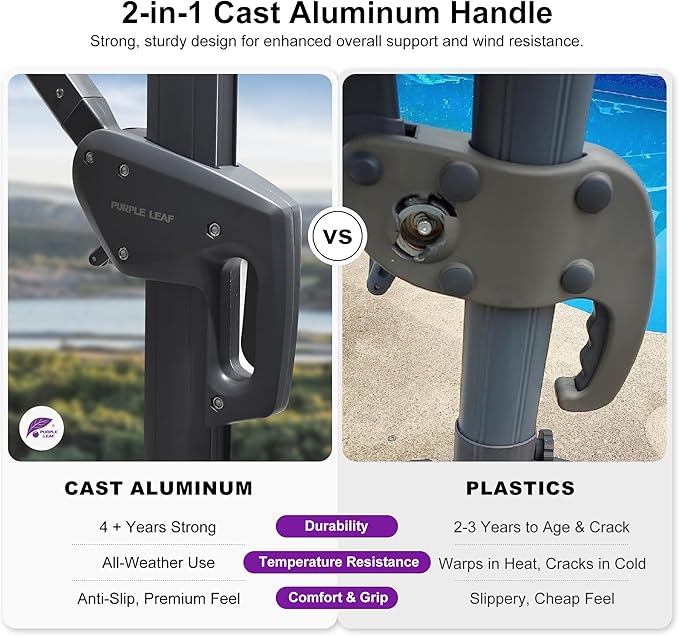PURPLE LEAF 10' X 13' Rectangle Cantilever Umbrella with Base Outdoor Large Aluminum Patio Umbrella with 3-Year Fade Resistance Recycled Fabric and 360-degree Rotation for Deck Pool Garden,Ocean Slate