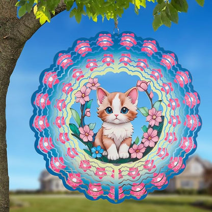 Metal Wind Spinners for Outdoor,Birthday Gifts for Women Mom Grandma, 12 Inch Cute Pink Cat Wind Spinner, Kinetic Sculpture Garden Decor for Ornament Gifts