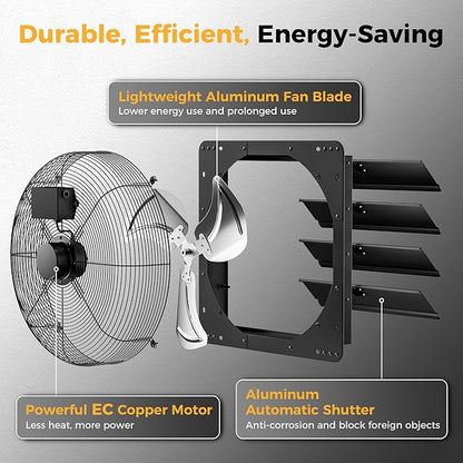 18 Inch EC Motor Shutter Exhaust Fan, 6 Inch Large Touchscreen Controller for Temp Humidity and Speed Control, 10-Speed Wall Mount Fan for Attic, Greenhouse, Garage, Chicken Coop Ventilation