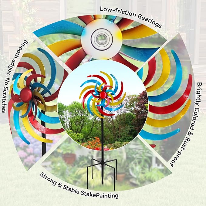 Colorful Kinetic Wind Spinner for Outdoor 13" W Metal Windmill Wind Sculptures with 5 Prong Stake, Easy to Rotate Metal Yard Art for Garden Patio Lawn Backyard Decor