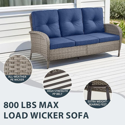 5 Piece Patio Furniture Set with Fire Pit Table - Wicker Patio Conversation Set with Swivel Glider, 3-Seat Sofa, Tempered Glass Side Table for Deck Backyard - Grey Wicker Blue Cushion