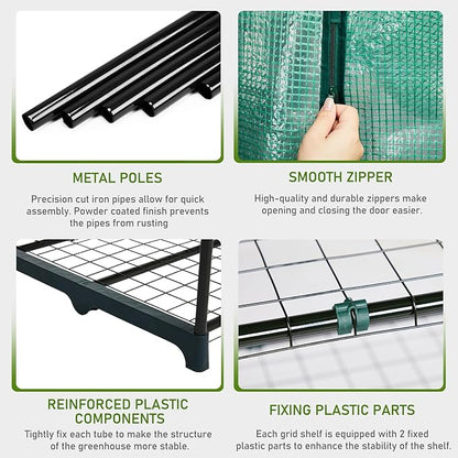 Outvita Walk-in Greenhouse, Outdoor Durable PE Plant Green House for Frost Protection with 3 Tiers 8 Shelves, Shelf Clips, Roll-up Zipper Door, 56"x56"x77" Green