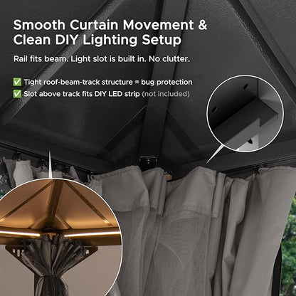 SUNJOY Kingston 14' x 12' Hardtop Gazebo with Galvanized Steel Double Roof, Curtain and Netting, Woodgrain Finish Aluminum Posts Permanent Pavilion Gazebo for Garden, Patio, Deck, Lawn