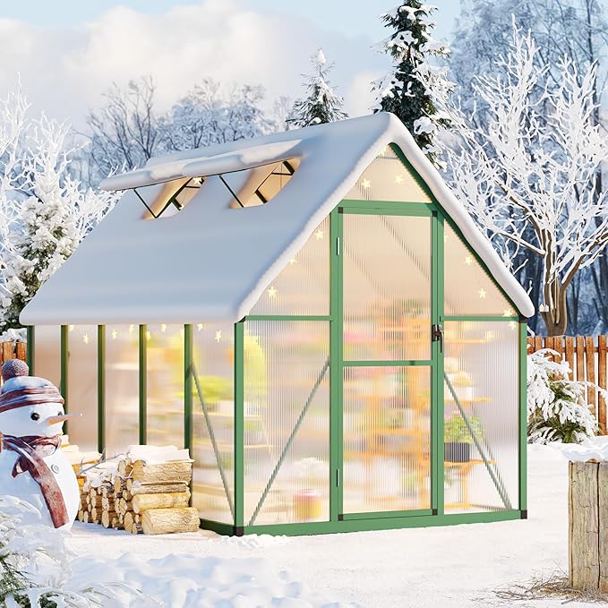 6x9 FT Outdoor Greenhouse, Polycarbonate Greenhouse with Roof Vent and Ground Nails, Aluminum Large Walk-in Green House w/ Lockable Push Door for Outside Garden Backyard (Green, 6x9 FT)