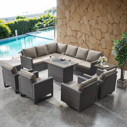 HUMMUH 8 Piece Patio Furniture with Fire Pit,PE Wicker Outdoor Conversation Sets-6-Seater Sofa,Patio Swivel Chairs Outdoor Chairs, Propane Fire Pit,Side Table for Porch,Garden,Backyard(Brown/Grey)