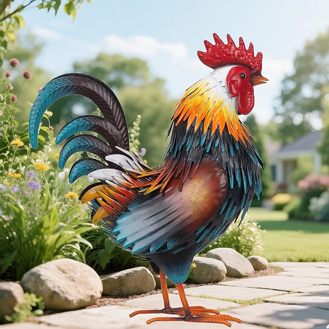 Rooster Garden Statue Sculpture Metal Chicken Yard Decor Outdoor Figurines Patio Backyard Decoration (Yellow)