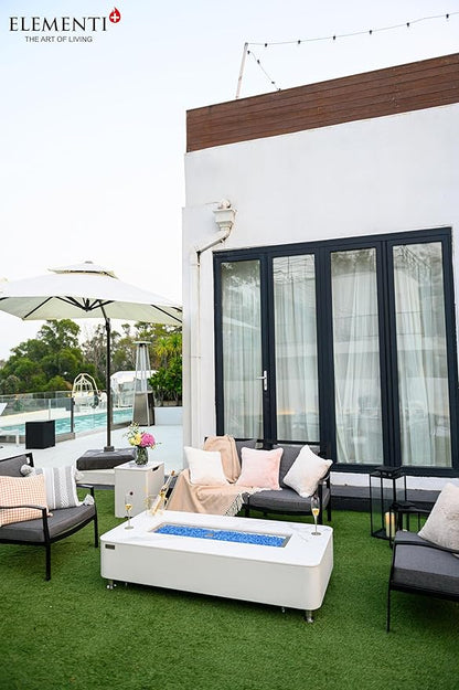 Elementi+ | Athens Gas Fire Pit | Cast Concrete Body & Marble Porcelain Top | 62" Rectangular Fire Table | Electronic Ignition | Canvas Cover, Fire Glass & Burner Lid Included | White | Natural Gas