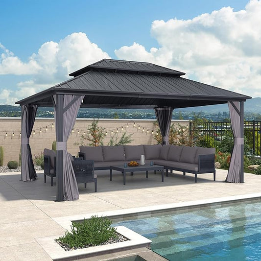 PURPLE LEAF 12' X 16' Permanent Hardtop Gazebo Outdoor Aluminum Gazebo with Heavy Duty Galvanized Steel Double Roof for Patio Lawn Garden Aluminum with Netting and Curtains Grey