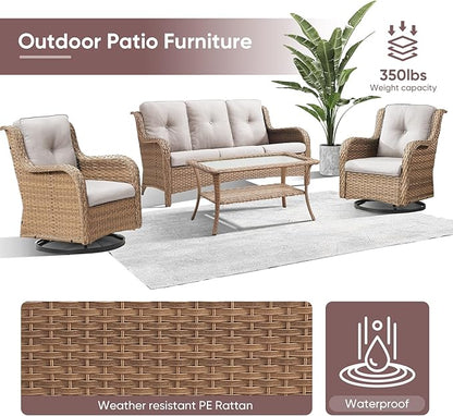 4 Piece Patio Furniture-All-Weather PE Wicker Outdoor Patio Furniture with Swivel Rocker Chairs,Outdoor Couch, Set with Coffee Table