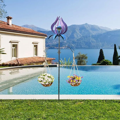 Multifunction Solar Wind Spinner Outdoor with Shepherd Hooks MANORTANG 83 Inch Metal Large Landscape Light Double Coconut Basket LED Windmill Outdoor Decoration for Yard Garden Lawn Patios (Purple)