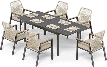 7 Pieces Patio Dining Set, 6 x Woven Rattan Chairs with Waterproof Cushion, 84" Extendable Rectangular Dining Table, Outdoor Table and Chairs Set for Backyard Lawn and Deck, Beige