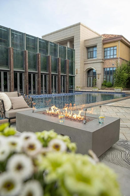 AMS Creations | Madison 60" Bundle Rectangular Natural Gas Outdoor Fire Pit Table | Light Gray Concrete GFRC | Limestone Texture or Surface | Electronic Ignition | Outside Backyard Fireplace