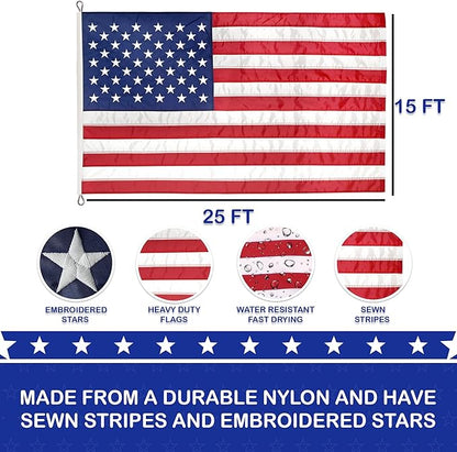 Super Tough 15ft x 25ft Nylon American Flag, Made in the USA, Embroidered Stars, Sewn Stripes