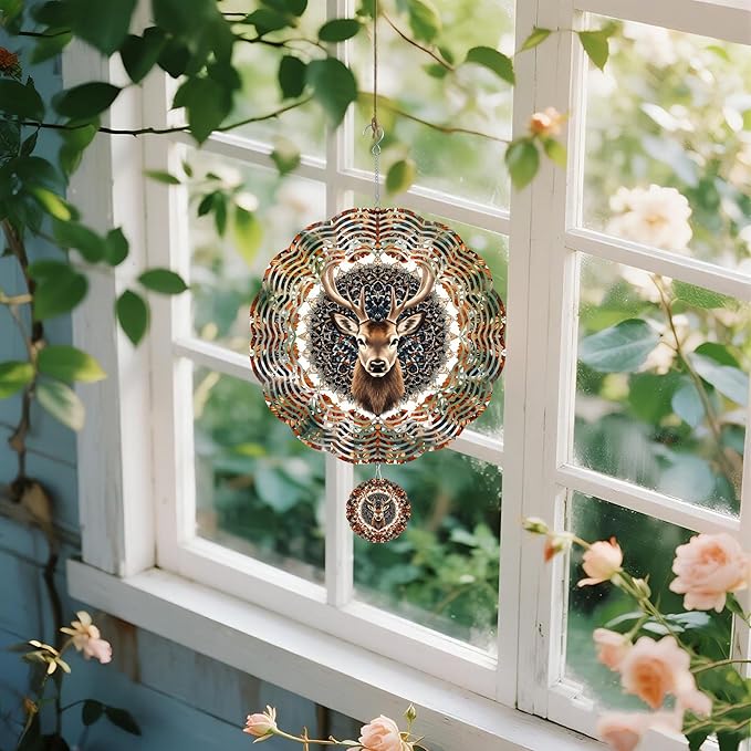 Wind Spinners Outdoor, Brown Retro Elk Deer 3D Stainless Steel Wind Sculpture Spinner for Garden Outside Hanging Decor Mother's Day Christmas Birthday Gifts for Women Men Mom Nana 7.8 in