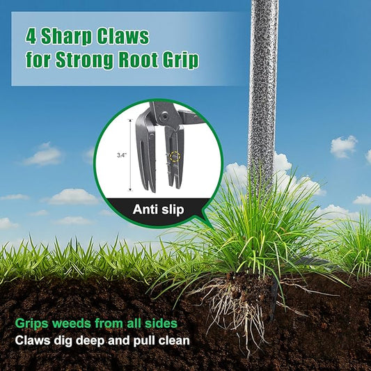 Weed Puller Tool, Stand Up Manual Weeder, Heavy Duty Garden Weeding Tool with 60 inch Long Handle,4 Claw Steel Head, Uprooting Dandelion Removal Gardening Tools for Lawn Grass Grabber