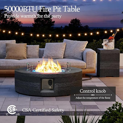 UPHA 42-inch Outdoor Propane Gas Fire Pit Table 50000 BTU Concrete Rectangle FirePit for Outside Patio with Propane Tank Cover, Wind Guad, Navyblue Fire Glass, Rain Cover, Grey Texture