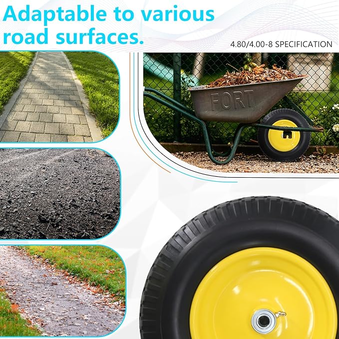 16" 4.80/4.00-8" Flat-Free Solid Wheelbarrow Wheel and Tire, 3"-7"Centered Hub with 5/8"&3/4" Bearings for Wheelbarrows Utility Cart Lawn Dollies