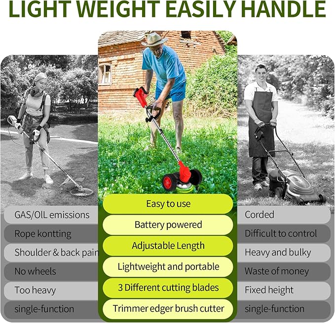 Wood Ranger Weed & Lawn Trimmer,3 in 1 Cordless Grass Trimmer,24V Cordless String Trimmer, Wheeled Weed Eater with 2 Batteries, Electric Lawn Edger Tool Set, 6-Inch Cutting Width(Red)