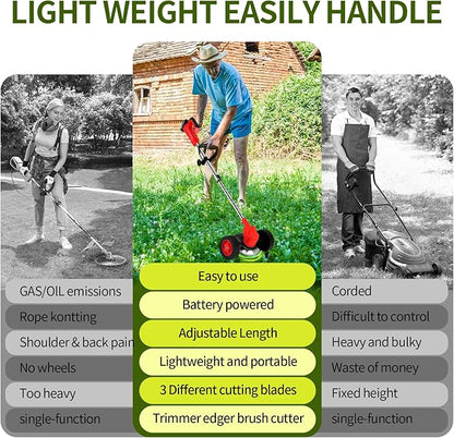 Wood Ranger Weed & Lawn Trimmer,3 in 1 Cordless Grass Trimmer,24V Cordless String Trimmer, Wheeled Weed Eater with 2 Batteries, Electric Lawn Edger Tool Set, 6-Inch Cutting Width(Red)