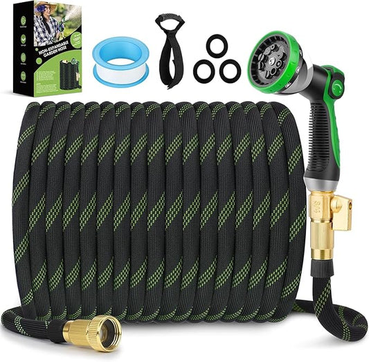 Non-Expandable Garden Hose 75 ft, Ultra Lightweight & Flexible Water Hose With 10-Pattern Spray Nozzle, Full Length Leak-Proof Design, High-Density Fabric & Shut-Off Valve, Hose Straps