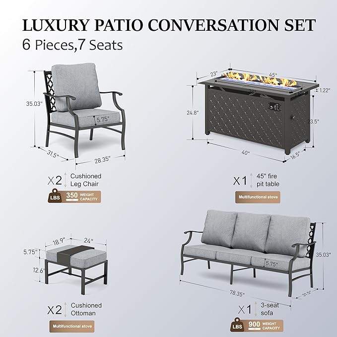 HERA'S HOUSE 6 Pieces Patio Furniture Set with Fire Pit Table, 2 x Single Chair, 2 x Ottoman, 3-Seat Sofa with 45" Fire Pit Table, Outdoor Conversation Set for Garden Poolside Backyard, Grey