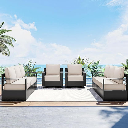 Outdoor Patio Furniture Set, 4-Piece Aluminum Patio Conversation Set All-Weather Metal Outdoor Sectional with 6 Inch Thick Cushions, Deep Setting for Garden, Outside and Porch