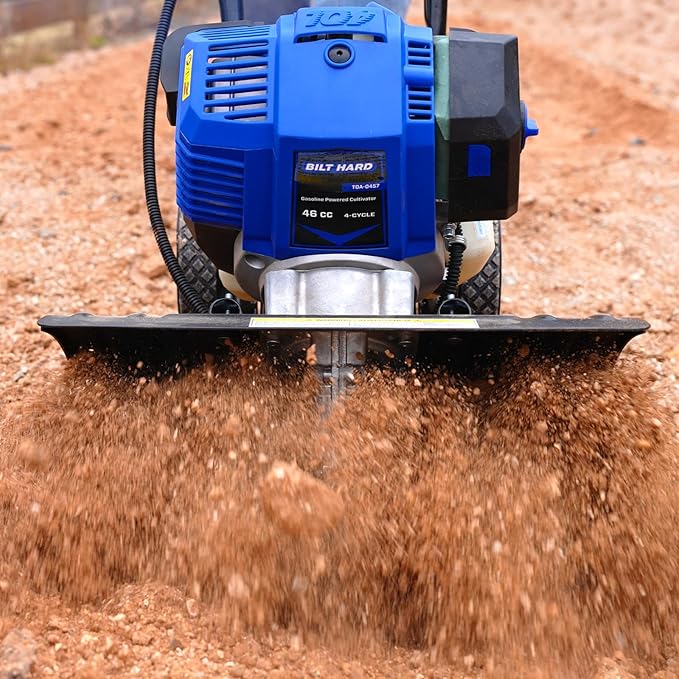 BILT HARD 46cc 4-Cycle 1.9HP Gas Powered Tiller Cultivator - 16" Heavy-Duty Steel Tines Rototiller, Adjustable Wheels & Cushioned Handle Grips for Plowing, Tilling, Weeding in Garden, Farm