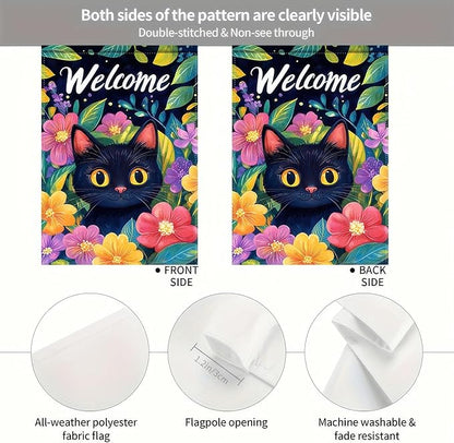 Welcome Spring Garden Flag 12x18 InchDouble Sided Hello Spring Black Cat Outdoor Yard Decoration Summer Farmhouse Holiday Yard Flag Floral Design Spring Home Decor Flags