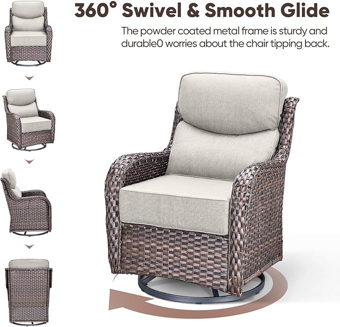Swivel Patio Chairs sofa Set of 6 - 6" Thick Cushion - Wicker Outdoor Swivel Rocker Patio Chair ,Sofa/Glass coffee table, High Back Comfortable Outdoor Glider Chairs - Brown Wicker | Beige Cushions