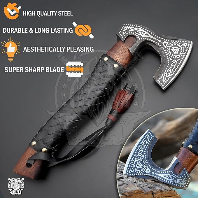 SHINY CRAFTS® Handcrafted Decorative Viking Axe with Leather-Wrapped Handle & Sheath – Engraved Blade – Ceremonial Collectible Gift for Men, History Buffs, Cosplay & Display (Set of 8 Viking Axes)