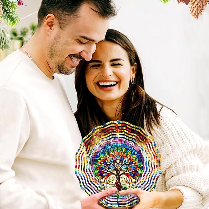 Tree of Life Wind Spinner 3D Stainless Steel Hanging Wind Spinners 10 Inch Stained Glass Style Multi-Color Kinetic Decor for Indoor and Outdoor Spaces Christmas