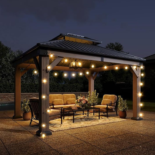 Aoxun 10' x 12' Outdoor Wood Gazebo, Hardtop Gazebo Permanent Wooden Pavilion with Galvanized Steel Double Roof, and LED Outdoor Waterproof Hanging Lights, for Patio, Garden, Deck, Cedar Wood