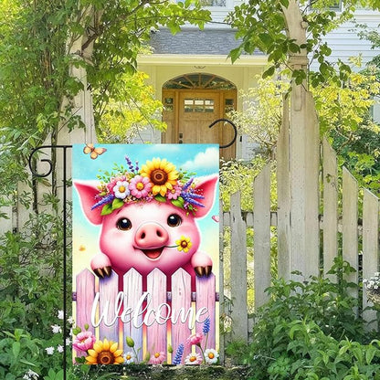 Spring Welcome Garden Flag 12x18 Inches Double Sided Cute Pig Yard Flags Colorful Floral Butterfly Sunflower Crown Fence for Outside Decor Home Farmhouse Holiday Summer Decorations