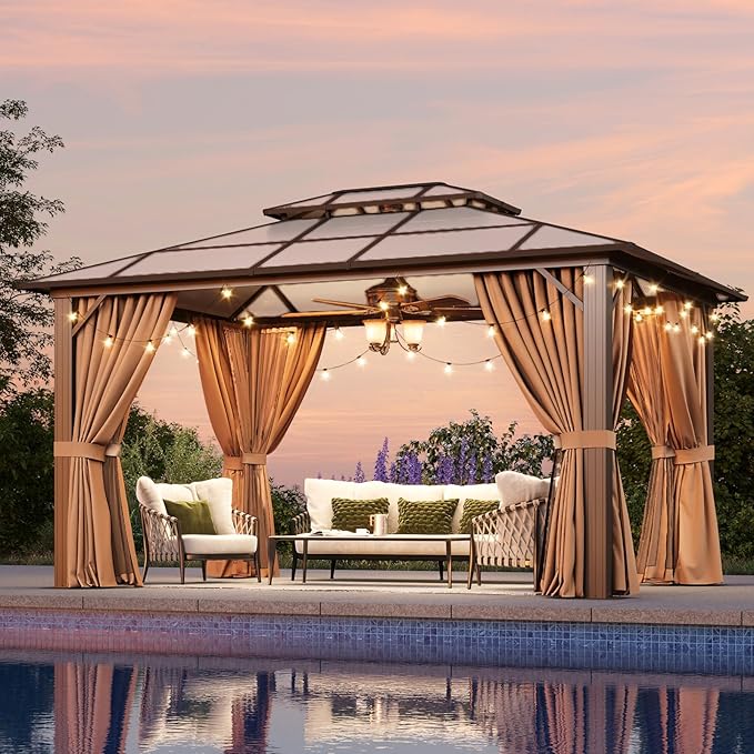 Aoxun 10'x13' Hardtop Gazebo, Aluminum Frame Permanent Pavilion with Netting and Curtains, Outdoor Polycarbonate Double Roof Canopy, Designed for Lawn, Garden, Patio (Khaki)