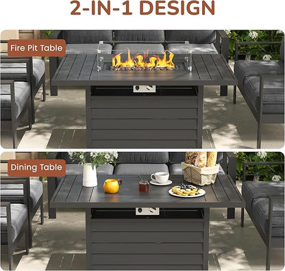 Solaste Aluminum Patio Furniture Set with Fire Pit Table, 4 Piece Metal Outdoor Furniture with Water-Resistant Cushions, Modern Patio Conversation Set for Balcony, Front Porch, and Backyard, Grey