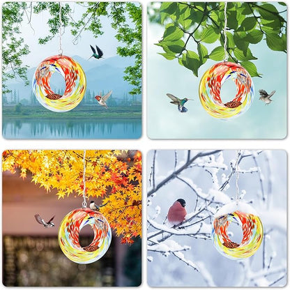 VCUTEKA Bird Feeder Solar Fly Through Bird Feeders for Outside Hanging with Round Shape Glass Container to Attract Wild Birds for Garden Decor, Solar Birdfeeder as Gift for Lovers, Red 8-Inch