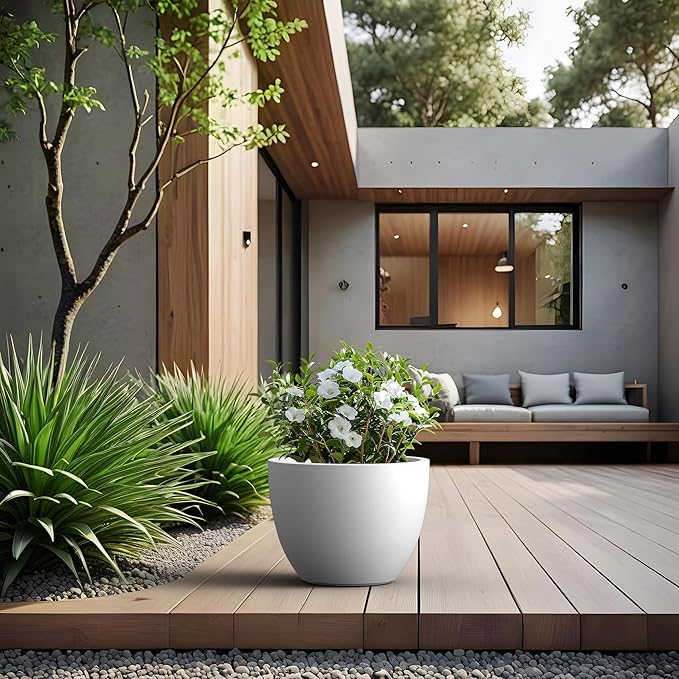 Kante 14.2 Inch Round Concrete Planter - Classic Large Indoor/Outdoor Plant Pot with Drainage Hole and Rubber Plug, Suitable for Gardens and Patios, White Finish with Aqua Blue Interior