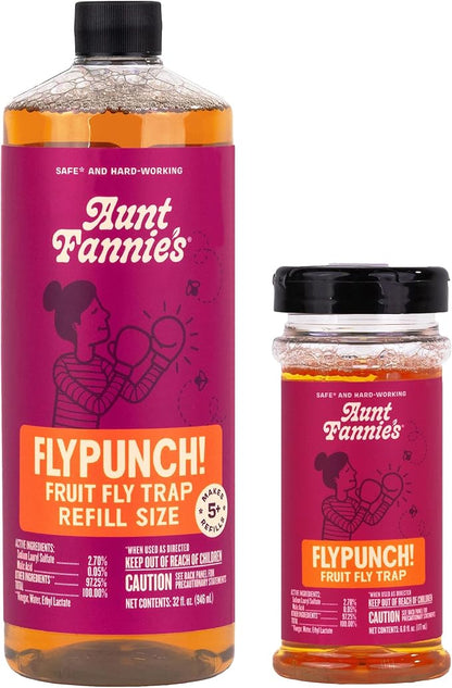 Aunt Fannie's FlyPunch Fruit Fly Trap Bundle for Indoor and Kitchen Use, Ready to Use, Made with Plant Based Ingredients, Safe Near Food, Long Lasting, 32 oz Refill and 6 oz Single