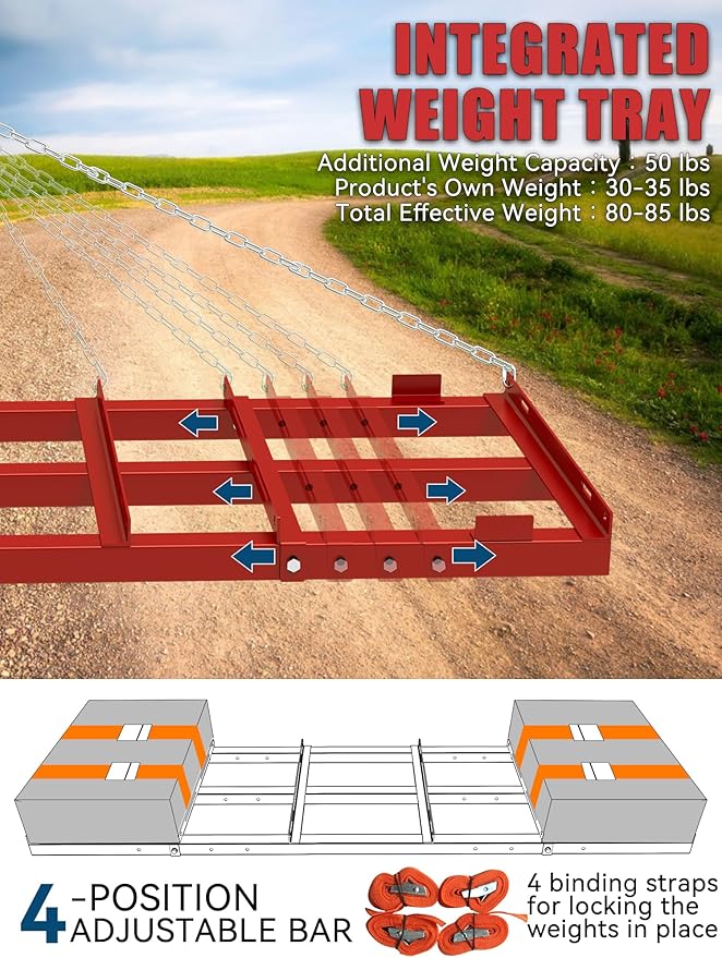 4ft Heavy Duty Drag Harrow for ATV, UTV, Tractor - Adjustable Tow Behind Leveling Rake with Weight Tray for Driveway Grader, Lawn, Field, Pasture, Food Plot Maintenance, Red(48 inch)