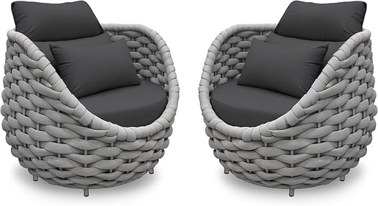 2 PCS Deck Furniture Accent Chair: Aluminum Woven Rope Chair - Outdoor Lounge Armchair Cushioned - Modern Patio Seating Assembled - All Weather for 400lbs Porch Lanai Balcony Yard Garden Hotel