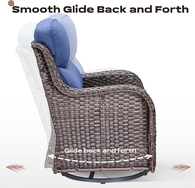 Rilyson Wicker Outdoor Patio Furniture Set - 5 Piece Patio Conversation Sets with Swivel Rocker Chairs, Ottomans and Sofa, 6 inch Cushions, Waterproof Wicker, for Porch Deck Brown/Blue