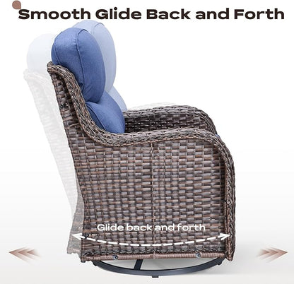 Rilyson Wicker Outdoor Patio Furniture Set - 6 Piece Patio Conversation Sets with Swivel Rocker Chairs, Ottomans, Sofa and Side Table, 6 inch Cushions, Waterproof Wicker, for Porch Deck Brown/Blue