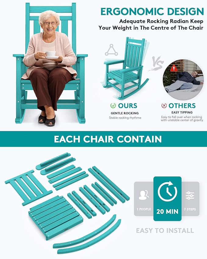 SERWALL HDPE Rocking Chair, Outdoor Rocking Chair for Adults, All Weather Porch Rocker for Lawn Garden, Aruba